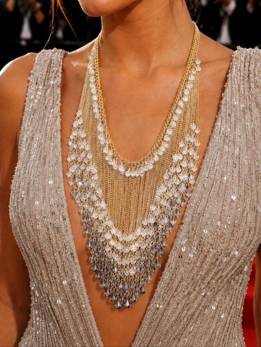 Elaborate Long Chain and Smoke and Clear Bicone Crystal Gold Tone Necklace Crown